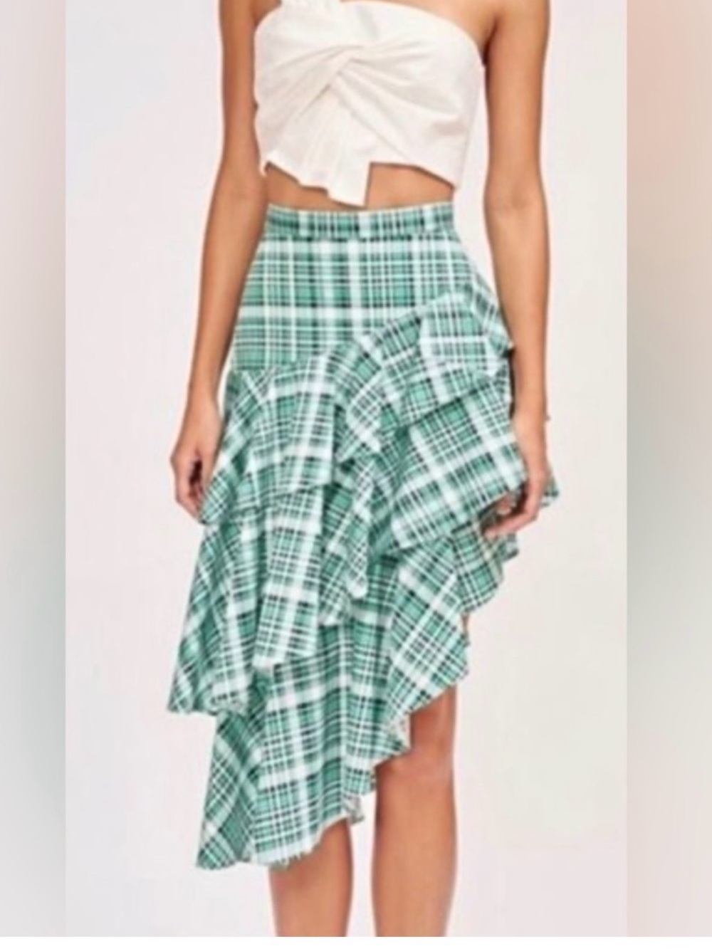Amur Green White Plaid Pippie Asymmetrical Ruffle Midi Skirt 4 Tiered Indie Fall